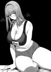  1girl amano_don bare_shoulders breasts cleavage collarbone goddess_of_victory:_nikke greyscale highres large_breasts long_hair looking_at_viewer monochrome rapi_(nikke) shorts sitting solo sports_bra thighs 