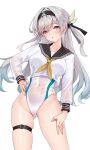  1girl alternate_costume ass_visible_through_thighs black_hairband black_sailor_collar collarbone commentary_request contrapposto cropped_shirt firefly_(honkai:_star_rail) grey_hair hair_intakes hair_ornament hairband hand_on_own_hip highres honkai:_star_rail honkai_(series) long_hair long_sleeves looking_at_viewer matrix16 neckerchief one-piece_swimsuit open_mouth puffy_long_sleeves puffy_sleeves purple_eyes sailor_collar see-through see-through_shirt see-through_sleeves shirt skindentation solo swimsuit thigh_strap thighs upper_body white_one-piece_swimsuit white_shirt yellow_neckerchief 