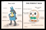  animal_focus artist_name bird black_border black_eyes border bow bowtie bright_pupils closed_mouth commentary english_commentary english_text full_body green_bow green_bowtie hand_on_own_hip highres lucario meme no_humans owl pokemon pokemon_(creature) red_eyes rowlet shadow slit_pupils standing variumowl virgin_vs_chad_(meme) white_pupils 
