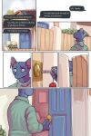 bastriw building clothing comic dialogue domestic_cat felid feline felis hi_res house male mammal nervous_expression pato_(bastriw) purple_eyes text