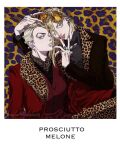  2boys :p adjusting_eyewear animal_print artist_name black_jacket black_shirt blonde_hair blue_eyes character_name collared_shirt dress_shirt earrings eyelashes eyewear_on_head fur-trimmed_jacket fur_trim hagiko15 heads_together highres jacket jewelry jojo_no_kimyou_na_bouken leopard_print lips long_sleeves male_focus melone multiple_boys multiple_rings prosciutto purple_eyes red_jacket red_vest ring shirt tinted_eyewear tongue tongue_out twitter_username vento_aureo vest yellow-tinted_eyewear 