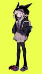  1girl absurdres animal_hood backpack bag black_jacket black_thighhighs blunt_bangs brown_skirt buttons cat_hood danganronpa_(series) danganronpa_2:_goodbye_despair expressionless full_body hands_in_pockets higa423 high-waist_skirt highres hood hood_up hooded_jacket jacket looking_ahead medium_hair nanami_chiaki neck_ribbon open_clothes open_jacket pink_bag pink_eyes pink_footwear pink_hair pink_ribbon ribbon shirt shirt_tucked_in skirt solo standing thighhighs white_shirt yellow_background 