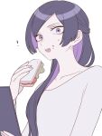  ! 1girl colored_inner_hair eating food food_on_face hair_over_shoulder half_updo highres holding holding_food long_sleeves looking_at_viewer maco22 multicolored_hair open_mouth original purple_eyes purple_hair sandwich solo 