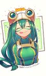  1girl artist_name asui_tsuyu bodysuit boku_no_hero_academia closed_eyes closed_mouth commentary cropped_torso facing_viewer goggles goggles_on_head green_bodysuit green_hair hair_between_eyes long_hair low-tied_long_hair mecyo_(mamezurushiki) solo superhero_costume symbol-only_commentary tongue tongue_out upper_body 