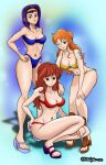  3girls bikini blue_bikini breasts brown_eyes cowboy_bebop curvy earrings faye_valentine highres jewelry large_breasts lupin_iii metalytar mine_fujiko multiple_girls nami_(one_piece) one_piece orange_hair purple_hair red_bikini red_hair sandals swimsuit tattoo wide_hips yellow_bikini 