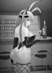  1girl animal_ears ass bar_(place) bare_shoulders blunt_bangs bottle butterfly_hair_ornament commentary_request cup drinking_glass elbow_gloves fake_animal_ears fake_tail fishnet_thighhighs fishnets gloves go-toubun_no_hanayome greyscale hair_ornament hair_ribbon highres holding holding_tray kosmos_beta leotard long_hair looking_at_viewer monochrome nakano_nino paid_reward_available playboy_bunny rabbit_ears rabbit_tail ribbon solo standing strapless strapless_leotard tail thighhighs tray two_side_up wine_bottle wine_glass 