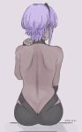  1girl arm_up ass back backless_outfit bare_back bare_shoulders butt_crack commentary_request dark-skinned_female dark_skin dated dimples_of_venus fate/grand_order fate_(series) from_behind hassan_of_serenity_(fate) highres hyakuashi2525 purple_hair short_hair shoulder_blades simple_background sitting solo 