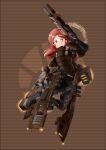  1girl absurdres alexandra_magritte armor black_footwear black_gloves brown_background brown_eyes bulletproof_vest elbow_gloves eve_online evemoedesu fingerless_gloves full_body gloves gun highres holding holding_gun holding_weapon jet_boots long_hair looking_at_viewer power_armor power_suit red_hair simple_background solo striped_background tada-kun_wa_koi_wo_shinai weapon 