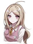  1girl ahoge akamatsu_kaede blonde_hair blush collared_shirt danganronpa_(series) danganronpa_v3:_killing_harmony hair_ornament highres higoi_343 long_hair musical_note musical_note_hair_ornament necktie orange_necktie pink_eyes pink_sweater_vest shirt smile solo sweater_vest white_shirt 