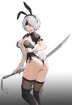  1girl 2b_(nier:automata) animal_ears ass black_thighhighs blindfold blush boots breasts cbmus cleavage facing_viewer grey_hair highres holding holding_sword holding_weapon katana looking_at_viewer mole mole_under_mouth nier:automata nier_(series) playboy_bunny rabbit_ears rabbit_tail short_hair shrug_(clothing) simple_background solo sword tail thigh_boots thighhighs weapon white_background 