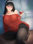  1girl :d alcohol bangs bare_shoulders black_hair black_legwear blush breasts collarbone commentary couch cup dress drinking_glass earrings foot_out_of_frame grey_hairband hair_between_eyes hairband hand_up head_tilt highres holding holding_cup indoors jewelry large_breasts long_hair long_sleeves looking_at_viewer no_shoes nyahpa20 off-shoulder_dress off-shoulder_sweater off_shoulder open_mouth pantyhose red_dress red_eyes red_sweater sitting smile solo spy_x_family sweater sweater_dress thighband_pantyhose thighs wine wine_glass yor_briar 