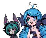  2girls :d ahoge bangs black_bow black_cloak black_gloves bow breasts cleavage cloak collarbone drill_hair gloves green_eyes green_hair gwen_(league_of_legends) hair_bow happy hood hood_up league_of_legends long_hair looking_to_the_side multiple_girls open_mouth phantom_ix_row pink_eyes pointy_ears shiny shiny_hair smile star-shaped_pupils star_(symbol) symbol-shaped_pupils teeth twin_drills upper_body upper_teeth vex_(league_of_legends) yordle 