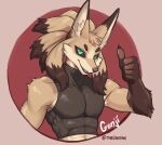 2024 abs accessory anthro canid canine circle clothing crop_top cute_fangs dark_sclera fox genji gesture green_eyes grin hand_gesture headband hi_res looking_at_viewer male mammal midriff pecs pupils raised_arm shirt signature simple_background sleeveless sleeveless_shirt slit_pupils smile solo thegantian thumbs_up topwear