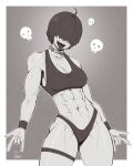 1girl abs absurdres armlet bare_arms bare_shoulders bracelet breasts choker cleavage hair_over_eyes highleg highleg_panties highres jewelry long_bangs monochrome muscular muscular_female navel open_mouth original panties simple_background sketch skull solo speedl00ver sports_bra standing teeth thigh_strap thighs tomboy tongue tongue_out two-tone_background underwear upper_teeth_only 