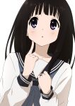  1girl absurdres black_hair black_sailor_collar blush chitanda_eru commentary_request dot_nose facing_viewer hands_up highres hyouka index_finger_raised kamiyama_high_school_uniform_(hyouka) kicchi_(tmgk) long_hair long_sleeves looking_up parted_lips purple_eyes sailor_collar school_uniform sidelocks simple_background solo tareme thinking upper_body white_background 