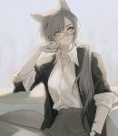  1girl alternate_hairstyle animal_ears arknights arm_support bespectacled black_jacket blue_eyes brown_hair collared_shirt commentary_request frown gae_tteok00 glasses grey_background grey_skirt head_rest jacket jewelry korean_commentary looking_at_viewer penance_(arknights) ponytail ring shirt simple_background skirt sleeves_rolled_up tail watch white_shirt wolf_ears wolf_girl wolf_tail wristwatch yellow_eyes 