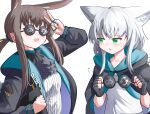  2girls :d absurdres amiya_(arknights) animal_ear_fluff animal_ears arknights arm_up arrow_(symbol) black_cloak black_gloves black_jacket blush breasts brown_hair cat_ears cat_girl cat_tail cloak dress fingerless_gloves glint gloves green_eyes grey_hair hair_between_eyes highres holding holding_removed_eyewear hood hood_down hooded_cloak hooded_jacket jacket jewelry long_hair long_sleeves looking_at_another multiple_girls open_clothes open_jacket parted_lips ponytail puffy_long_sleeves puffy_sleeves rabbit_ears ring rosmontis_(arknights) shirt sidelocks simple_background small_breasts smile spam_(spamham4506) sunglasses sweat tail unworn_eyewear very_long_hair white_background white_dress white_shirt 