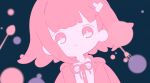  1girl closed_mouth collared_shirt danganronpa_(series) danganronpa_2:_goodbye_despair fork hair_ornament highres jacket long_sleeves looking_at_viewer medium_hair melty_land_nightmare_(vocaloid) monochrome nanami_chiaki neck_ribbon pink_theme pote_(pote_39) ribbon shirt sidelocks solo spoon upper_body 