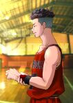  1boy absurdres basketball_uniform black_hair blurry blurry_background brown_eyes earrings gym haname_815 happy_birthday highres indoors jewelry male_focus miyagi_ryouta profile red_shirt shirt short_hair slam_dunk_(series) solo sportswear standing stud_earrings sweatband wristband 