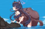  1girl animal_ear_fluff animal_ears bent_over bestiality bikini black_bikini black_hair blue_archive blue_sky blush breasts breasts_out cat_ears day extra_ears frilled_bikini frills from_side haizuru halo highres interspecies long_hair mouth_insertion octopus off-shoulder_bikini off_shoulder official_alternate_costume rape red_eyes restrained rock serika_(blue_archive) serika_(swimsuit)_(blue_archive) sky slime_(substance) small_breasts standing swimsuit tentacle_sex tentacles tongue tongue_grab tongue_out twintails vaginal wading water 