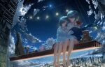  2girls bangs bare_legs bear black_hair blue_skirt blue_sky bucket building chocoshi cityscape closed_mouth cloud crying flower guitar_case hanging highres holding holding_flower horizon instrument_case leaning_on_person leaning_to_the_side light_smile long_sleeves moon moonlight multiple_girls neck_ribbon night night_sky one_eye_closed original paintbrush perspective pleated_skirt rabbit railing red_ribbon reflective_wall ribbon sad scaffolding scenery self_hug shirt shoes shoes_removed short_hair skirt sky skyscraper sleeping star_(sky) starry_sky stuffed_animal stuffed_bunny stuffed_toy teddy_bear white_shirt wind wind_lift window yuri 