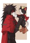  2boys animal belt black_fur black_gloves black_hair black_pants black_shirt boots border brown_background brown_footwear cait_sith_(ff7) cape cat cloak closed_eyes crown fang final_fantasy final_fantasy_vii final_fantasy_vii_rebirth final_fantasy_vii_remake full_body gloves hands_on_another&#039;s_face headband holding holding_animal holding_cat lightningstrikes male_focus messy_hair mini_crown multiple_belts multiple_boys open_mouth pants red_cape red_cloak red_headband shirt smile torn_cloak torn_clothes twitter_username two-tone_fur upper_body vincent_valentine white_border white_fur white_gloves 