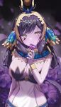  1girl black_hair blurry blurry_background blush breasts closed_mouth egyptian_clothes facial_mark flower gold_trim hair_ornament highres holding holding_flower indie_virtual_youtuber kiriii lamia long_hair monster_girl purple_flower purple_rose rose second-party_source solo tassel tassel_hair_ornament usekh_collar vexoria_the_sun_eater virtual_youtuber yellow_eyes 