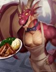 apron blizzard_entertainment bow_tie brown_body brown_horn brown_scales clothing dracthyr dragon enkiefa european_mythology food horn humanoid male mashed_potatoes meat mythological_creature mythological_scalie mythology red_body red_scales sausage scales scalie serving_food solo warcraft western_dragon yellow_eyes