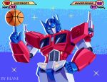  artist_name autobot ball basketball_(object) cowboy_shot english_commentary glowing glowing_eyes hand_on_own_hip highres hlane looking_at_viewer mecha mecha_focus no_humans optimus_prime robot science_fiction solo sparkle transformers transformers:_generation_1 