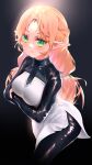  1girl black_background black_bodysuit blonde_hair blush bodysuit breast_hold breasts closed_mouth cowboy_shot crossed_arms dress elf forehead_jewel gem green_eyes half_updo highres isekai_ojisan kuodao latex latex_bodysuit long_hair long_pointy_ears looking_at_viewer medium_breasts pointy_ears red_gemstone shiny_clothes sidelocks simple_background skin_tight solo standing sui_(isekai_ojisan) white_dress 