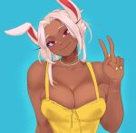  1girl alternate_hairstyle animal_ears artist_name bare_shoulders blue_background boku_no_hero_academia breasts cleavage dark-skinned_female dark_skin dress english_commentary gabriel_carrasquillo gold_choker hand_up head_tilt large_breasts long_eyelashes looking_at_viewer mirko nail_polish rabbit_ears rabbit_girl red_eyes short_hair skindentation smile solo teeth unfinished upper_body v white_hair yellow_dress yellow_nails 