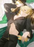  1boy absurdres aventurine_(honkai:_star_rail) bed bed_sheet black_pajamas blonde_hair cellphone closed_mouth hair_between_eyes highres holding holding_phone honkai:_star_rail honkai_(series) long_sleeves looking_at_viewer lying male_focus messy_hair midriff midriff_peek multicolored_eyes navel on_back on_bed one_eye_closed pajamas phone pillow sachico66 short_hair smartphone solo two-tone_eyes 