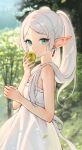  1girl absurdres apple aqua_eyes bare_arms bare_shoulders blurry blurry_background bokeh clip_studio_paint_(medium) commentary depth_of_field dress elf english_commentary expressionless food frieren from_side fruit green_apple hair_over_shoulder highres holding holding_food holding_fruit long_hair looking_at_viewer looking_to_the_side nami_(nyaa) outdoors photo-referenced pointy_ears sleeveless sleeveless_dress solo sousou_no_frieren sundress thick_eyebrows tree twintails upper_body white_dress white_hair 