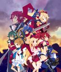  2boys 6+girls angel antenna_hair bad_source barbara_(disgaea) bare_legs bat_wings black_gloves blonde_hair bloomers blue_eyes blue_hair brown_hair demon_boy demon_girl disgaea disgaea_d2 dual_persona etna_(disgaea) fallen_angel flonne flonne_(fallen_angel) genderswap genderswap_(mtf) gloves green_hair harada_takehito highres laharl laharl-chan leotard multiple_boys multiple_girls non-web_source official_art one_eye_closed outdoors photoshop_(medium) pointy_ears prinny pure_flonne red_eyes red_hair red_leotard scarf sicily_(disgaea) sword topless_male twintails underwear weapon white_bloomers wings xenolith 