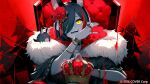  1girl animal_ear_fluff animal_ears black_collar black_hair black_jacket black_nails collar fangs flower fur-trimmed_jacket fur_trim gold_bracelet hair_flower hair_ornament hair_over_one_eye hololive ishihara_(kuniyoshi) jacket jewelry king_(vocaloid) looking_at_viewer medium_hair miofa_(ookami_mio) nail_polish ookami_mio open_mouth red_hair ring rose smile virtual_youtuber vocaloid wolf_ears wolf_girl 