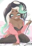  1girl absurdres alternate_costume aqua_eyes aqua_hair black_hair black_thighhighs breasts cephalopod_eyes cleavage colored_tips commentary_request dark-skinned_female dark_skin eyelashes furrowed_brow headphones highres large_breasts long_hair marina_(splatoon) multicolored_hair octoling picopicofarm red_pupils simple_background sitting smile solo splatoon_(series) teeth tentacle_hair thighhighs two-tone_hair white_background 