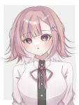  1girl :o black_shirt blush breasts brown_hair collared_shirt danganronpa_(series) danganronpa_2:_goodbye_despair grey_background large_breasts medium_hair nanami_chiaki neck_ribbon no_jacket pink_eyes pink_ribbon ribbon sakure_1015 shirt solo spaceship_hair_ornament upper_body white_background white_shirt 