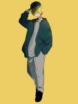  1boy baseball_cap blonde_hair full_body hand_in_pocket hand_up hat highres holding holding_clothes holding_hat jacket looking_to_the_side looking_up maco22 male_focus open_mouth original pants smile solo unworn_hat unworn_headwear yellow_background yellow_eyes 