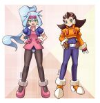  2girls artist_name ashe_(mega_man) ashe_(mega_man)_(cosplay) belt black_bodysuit black_pantyhose blue_hair blue_jacket bodysuit bodysuit_under_clothes breasts brown_hair cosplay costume_switch covered_navel cropped_jacket crotch_plate deniacp dress earrings full_body gloves hand_on_own_hip hands_on_own_hips high_ponytail highres jacket jewelry light_blue_hair long_sleeves looking_at_viewer medium_breasts medium_hair mega_man_(series) mega_man_legends_(series) mega_man_zx mega_man_zx_advent multiple_girls no_pants open_clothes open_jacket open_mouth orange_jacket pantyhose pink_dress pink_footwear pink_gloves robot_ears short_dress short_sleeves skull_brooch skull_earrings sleeves_rolled_up smile teeth tron_bonne_(mega_man) tron_bonne_(mega_man)_(cosplay) upper_teeth_only 