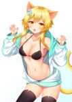  1girl :o almgnsn animal_ears bikini black_bikini black_thighhighs blonde_hair breasts cat_ears cat_tail flower genshin_impact hair_flower hair_ornament highres large_breasts looking_at_viewer lumine_(genshin_impact) navel open_mouth short_hair_with_long_locks solo swimsuit tail thighhighs white_flower yellow_eyes 