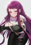  1girl absurdres black_gloves black_pants breasts cleavage commentary commission fire_emblem fire_emblem_engage gloves grey_background highres ivy_(fire_emblem) large_breasts leggings long_hair pants purple_eyes purple_hair simple_background solo very_long_hair ziz_(pandora707) 