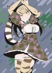  1girl absurdres animal_ears arms_up belt camouflage cat_ears cat_girl cat_tail elbow_gloves extra_ears gloves green_eyes grey_hair highres jacket jungle_cat_(kemono_friends) kemono_friends kemono_friends_v_project long_hair looking_at_viewer microphone rest_in_muni ribbon shirt simple_background skirt solo suspenders tail thighhighs twintails virtual_youtuber 