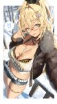  1girl absurdres animal_print black_jacket blonde_hair blurry blurry_background bodiedwile border bra bra_peek breasts crop_top fur-trimmed_jacket fur_trim glasses goddess_of_victory:_nikke green_eyes gyaru hair_between_eyes hair_ornament heart high_ponytail highres jacket jewelry large_breasts leopard_print long_hair long_sleeves looking_at_viewer looking_over_eyewear midriff multiple_rings navel necklace outdoors outside_border ring rupee_(nikke) short_shorts shorts snow solo spoken_heart stomach thigh_strap tongue tongue_out underwear white_border 