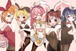  5girls :o ;d ^_^ ^o^ animal_ears arisugawa_natsuha armpits black_legwear blush bow bowtie breasts closed_eyes column_lineup detached_collar dog flat_chest houkago_climax_girls_(idolmaster) idolmaster idolmaster_shiny_colors komiya_kaho large_breasts leotard looking_at_viewer mamemaru_(shiny_colors) morino_rinze multiple_girls nihakusanren one_eye_closed pantyhose playboy_bunny rabbit-shaped_eyewear rabbit_ears rabbit_tail saijo_juri skin_tight small_breasts smile sonoda_chiyoko sweat tail v-neck 