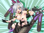  ai_yori_akashi areola_slip black_gloves blue_eyes breasts chainsaw collar cosmic_break cosmic_break_2 fang gloves grey_hair hair_over_one_eye highres medium_breasts open_mouth pipis short_hair spiked_collar spikes sweatdrop torn_clothes 