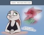  2022 anthro ask_blog blue_background blush canid canine clothing dialogue digital_media_(artwork) disney english_text female fox male mammal nick_wilde red_fox s1m shirt simple_background tank_top text topwear yasmine_(s1m) zootopia 