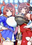  2girls anger_vein animal_ears asymmetrical_docking blurry braided_hair_rings breast_press breasts brown_hair daiwa_scarlet_(umamusume) ear_covers fang gentildonna_(umamusume) gloves hair_intakes hair_ornament hand_on_own_hip heart heart_hair_ornament highres horse_ears horse_girl horse_tail large_breasts long_sleeves looking_at_viewer multiple_girls pink_eyes puffy_long_sleeves puffy_sleeves red_eyes roah skin_fang smile symmetrical_docking tail thick_thighs thighs tiara umamusume white_gloves 