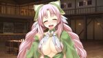  1girl ^_^ atelier-moo blush braid breasts cleavage closed_eyes curtained_hair dress drunk happy highres large_breasts long_hair long_sleeves looking_at_viewer narrow_waist night nina_lazydaisy open_mouth pink_hair ribbon smile solo standing tavern teeth twin_braids upper_body upper_teeth_only wizards_symphony 