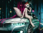 2022 absurd_res anthro arm_support blaedic blue_eyes bmw building canid canine casual_nudity chest_tuft cigarette city claws crotch_tuft cute_fangs detailed_background digital_media_(artwork) digital_painting_(artwork) digitigrade eyewear fluffy fluffy_tail fox full-length_portrait fur headlights heterochromatic_ears hi_res holding_cigarette holding_object looking_aside magician_fox male male_anthro mammal monocle night on_car outside portrait public public_nudity reflection reflective_floor side_view sitting skyscraper solo street street_lamp tail tinted_windows traffic_light tuft urban white_body white_fur