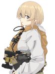  1girl absurdres blonde_hair bulletproof_vest cloak hair_between_eyes highres hood hood_down hooded_cloak long_sleeves looking_at_viewer night_vision_device open_mouth original patch short_hair sidelocks simple_background sleeves_past_wrists solo soutou_nagi white_background 